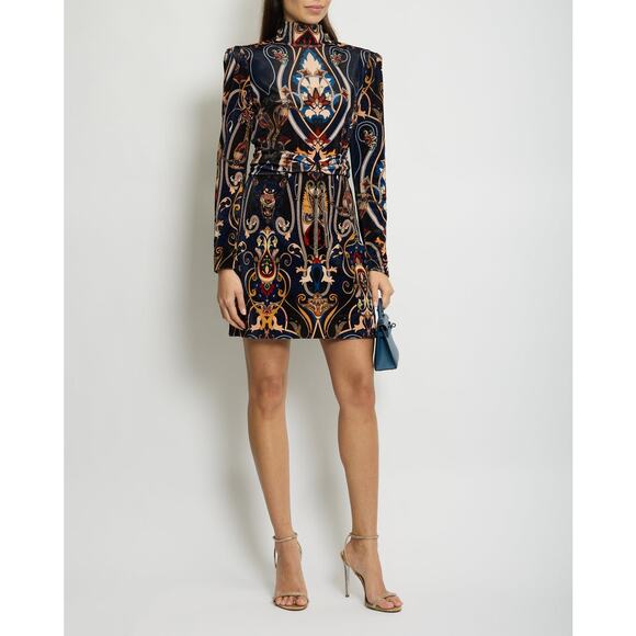 DUNDAS VELVET & LACE PAISLEY PRINT LONG SLEEVE MINI DRESS W FRONT BELT DETAIL 36 - Picture 12 of 13